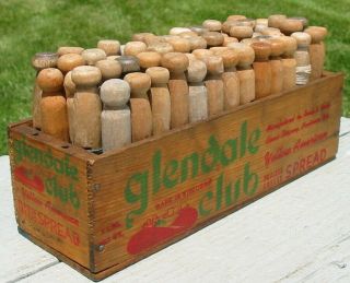 Vtg Primitive Wood Laundry Clothespin Glendale Club Cheesebox Caddy Display Old