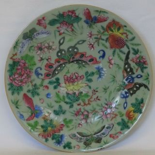 Antique Chinese Porcelain Celadon Famille Rose Plate,  Butterflies Flowers Fruit