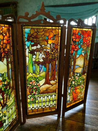 Artisan Miniature Dollhouse REAL ARTISAN STAINED GLASS Wood Folding Screen UK 2