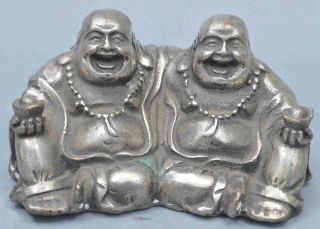 Delicate Collectable Miao Silver Carve Smile Double Buddha Temple Pray Statue