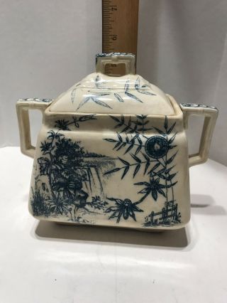 Antique Ironstone Sugar Spice Bowl with Lid Niagara Blue & White Bamboo Art 8