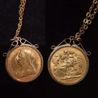 Antique Victorian 22ct Gold Coin Full Sovereign 1901 Pendant & 18ct Gold Chain