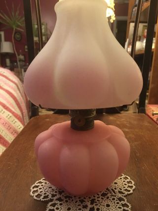 1880’s Antique Kerosene Oil Lamp Pink Satin Glass Lamp With Shade