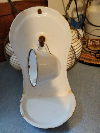 Vintage White Enamelware Cup And Wall Holder - Farmhouse Style Square Nail Screw