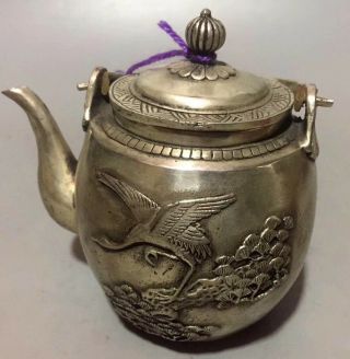 Old Handwork Collectable Miao Silver Carve Crane Pine Tree Chinese Amulet Teapot