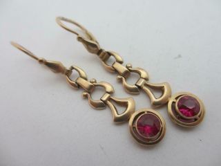 Ruby 14k Gold Dangling Ear Pendant Earrings Vintage Art Deco Russian.  Tbj07276