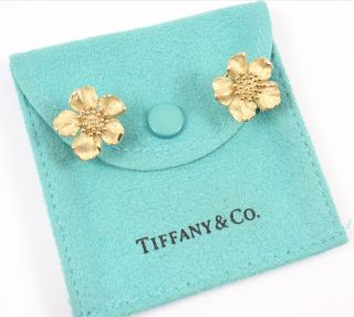 Rare Vintage Tiffany & Co 18K Yellow Gold Dogwood Flower Wild Rose Earrings 2