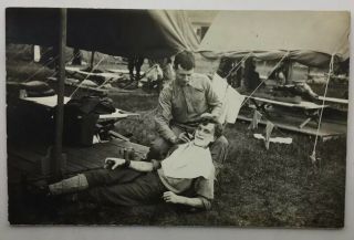 World War One Era Photo Postcard Of Soldier Getting A Shave - Rppc