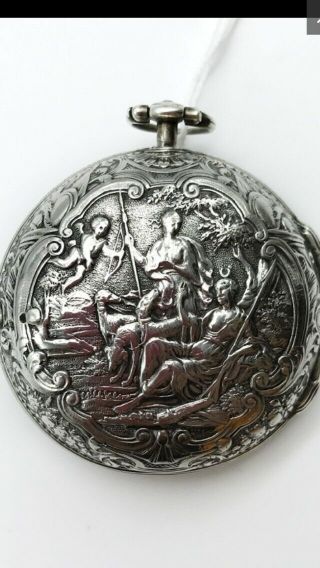 Antique C1700s Silver Repousse Champleve Verge Fusee Pocket Watch