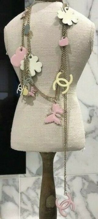 Chanel Authentic 08p Necklace Creme/pink/green Large Cc 