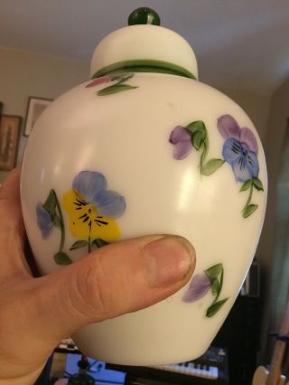 Antique Custard Milk Glass 7 " Tall Lidded Ginger Jar - Hand Painted Floral Decor