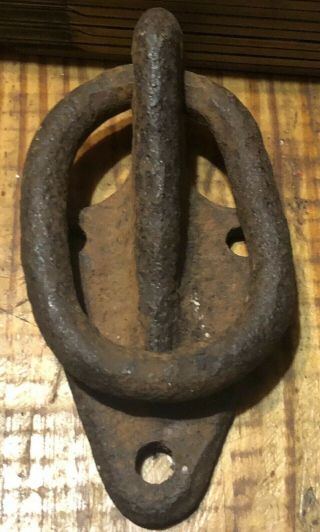 Vintage Horse tie hitching post large ring barn door pull old forged iron 2