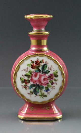 19c French Old Paris Porcelain Cologne Or Perfume Bottle Pompadour Pink Floral