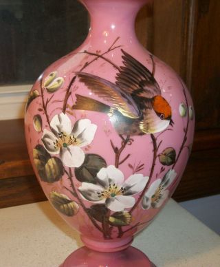 Bristol Glass Large Pink Vase W A Large Bird And Flowers Hand Painted 1860s