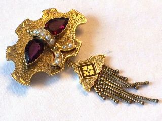 Victorian French 15ct Gold Enamel Pearl Garnet Tassel Brooch In Antique Box