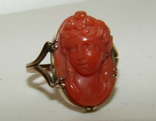 Beautifully Carved,  Antique Georgian,  18 Ct Gold Cameo Ring With Natural Coral