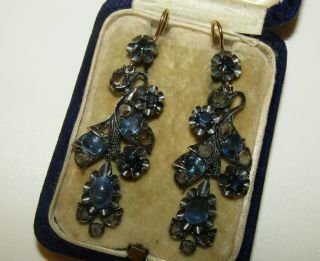 Long,  Exquisite,  Antique Georgian 9 Ct Gold Earrings With Diamonds & Sapphires