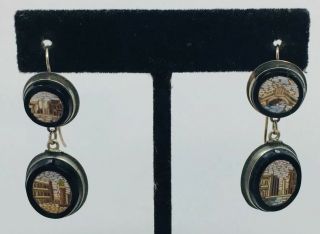 Antique Victorian Sterling Silver Double Micro Mosaic Dangle Earrings