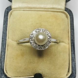 Pretty Antique Edwardian Platinum Large Single Pearl Diamond Cluster Halo Ring