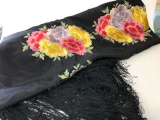 Vintage Black 1930 - 40s Chinese Embroidered Silk Piano Shawl