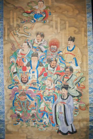 Antique Chinese Hanging Scroll Painting Watercolor - Immortals Gods 19th Century