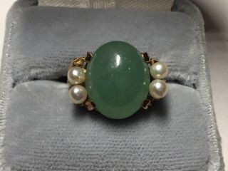 Marked 14k Y Gold Jade & Pearl Ring Of Good Color Size 6 Signed Ming’s Of Hawaii