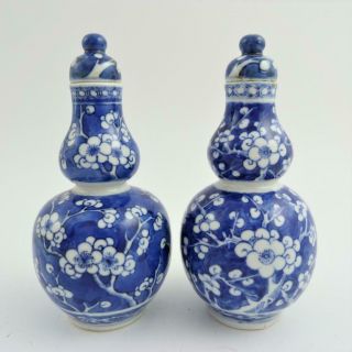 Pair Chinese Blue And White Porcelain Double Gourd Vases And Covers 18th Century