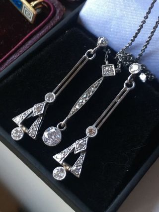 Art Deco 18ct white gold diamond earrings and necklace 0.  80TCW 2