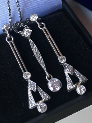 Art Deco 18ct white gold diamond earrings and necklace 0.  80TCW 4