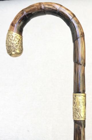 Vintage Antique 1899 Hallmarked 18k Gold Engraved Walking Stick Cane Bamboo