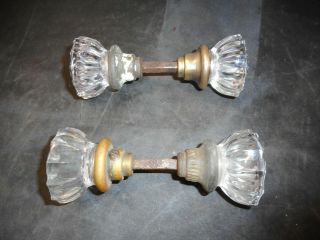 2 Pair Vintage Antique Glass Door Knobs Set In Brass With Spindle