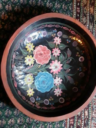 Handsome Old Hand Painted Wood Folk Art Floral Mexican Batea Tole Tray Bowl