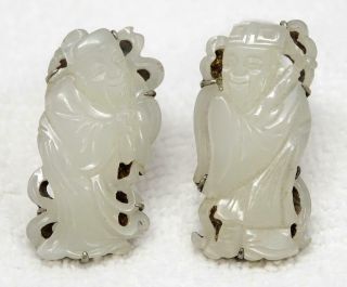 Pair Antique Chinese Export Silver & Carved White Jade Figural Clips Signed Bee