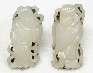 Pair Antique Chinese Export Silver & Carved White Jade Figural Clips Signed BEE 2