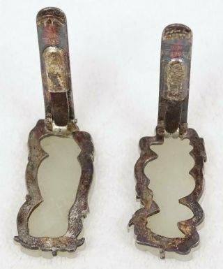 Pair Antique Chinese Export Silver & Carved White Jade Figural Clips Signed BEE 3