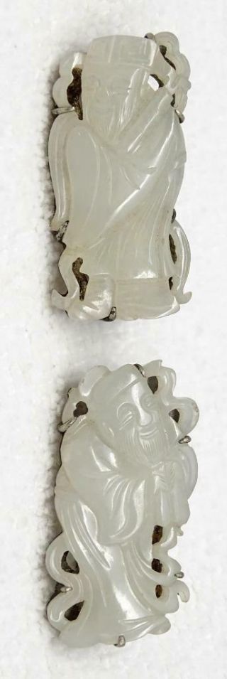 Pair Antique Chinese Export Silver & Carved White Jade Figural Clips Signed BEE 5
