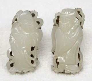 Pair Antique Chinese Export Silver & Carved White Jade Figural Clips Signed BEE 8