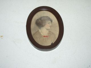 Antique Vintage Old Miniature Pastel Drawing Of A Portrait Of A Lady Framed