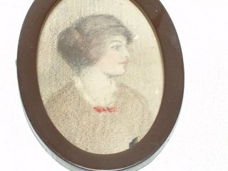 Antique Vintage Old Miniature Pastel Drawing of a Portrait of a Lady Framed 2