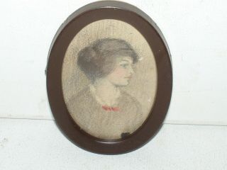 Antique Vintage Old Miniature Pastel Drawing of a Portrait of a Lady Framed 5