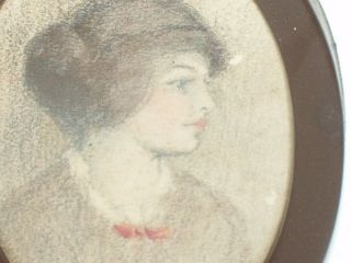 Antique Vintage Old Miniature Pastel Drawing of a Portrait of a Lady Framed 6