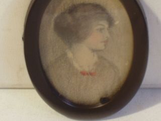 Antique Vintage Old Miniature Pastel Drawing of a Portrait of a Lady Framed 8