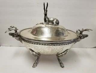 Heavy Detailed Silver Stag Soup Tureen Server Serving Piece Deer Plated India
