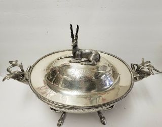 Heavy Detailed Silver Stag Soup Tureen Server Serving Piece Deer Plated India 2