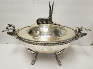 Heavy Detailed Silver Stag Soup Tureen Server Serving Piece Deer Plated India 7