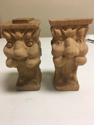 Pair Antique Wooden Carved Griffin Lion Gargoyle Gothic Heads