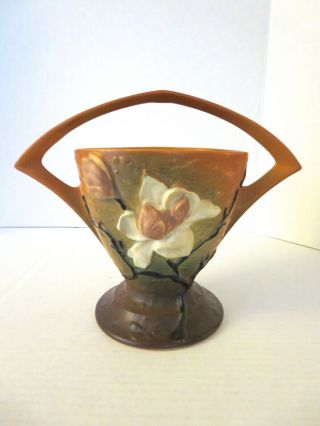 Roseville Pottery Magnolia Basket 384 - 8 " Vintage Vase Made Usa Art Deco Mission