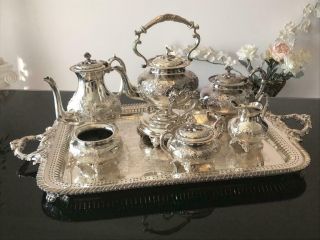 John Turton,  Made In Sheffield England Silver - Plated Tea Set And Footed Tray