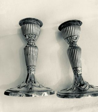 Pair Antique Silver Candlesticks Fluted With Swaths Of Bows,  Graceful & Delicate