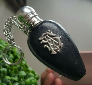 Rare Victorian George Brace Solid Silver & Leather Tear Drop Shape Scent Bottle